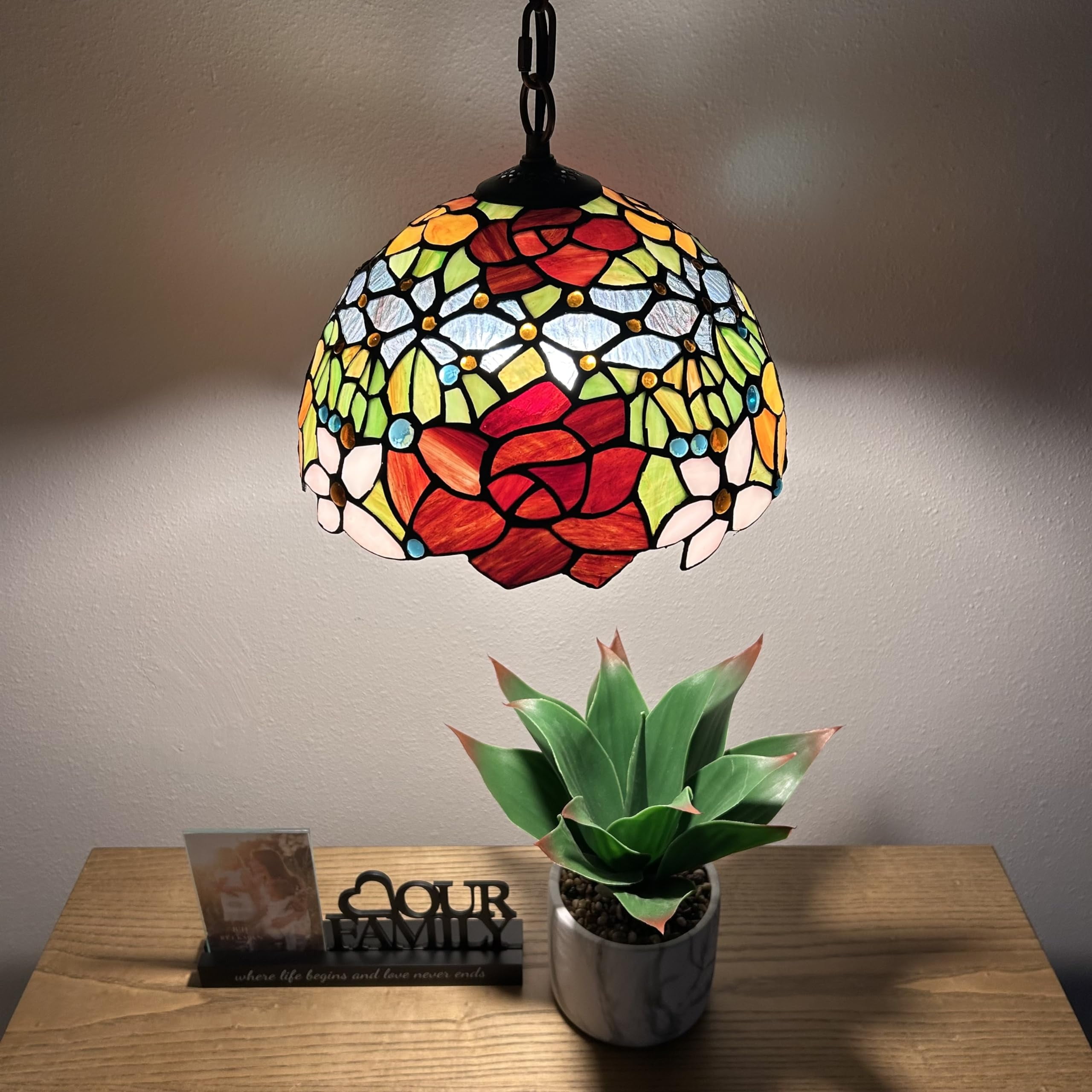 Tiffany Pendant Lights Fixture Red Orange Stained Glass Rose Flowers LED Bulb Included for Dining Room Hotel Restaurant Cafe 12"W*12"D*60"H