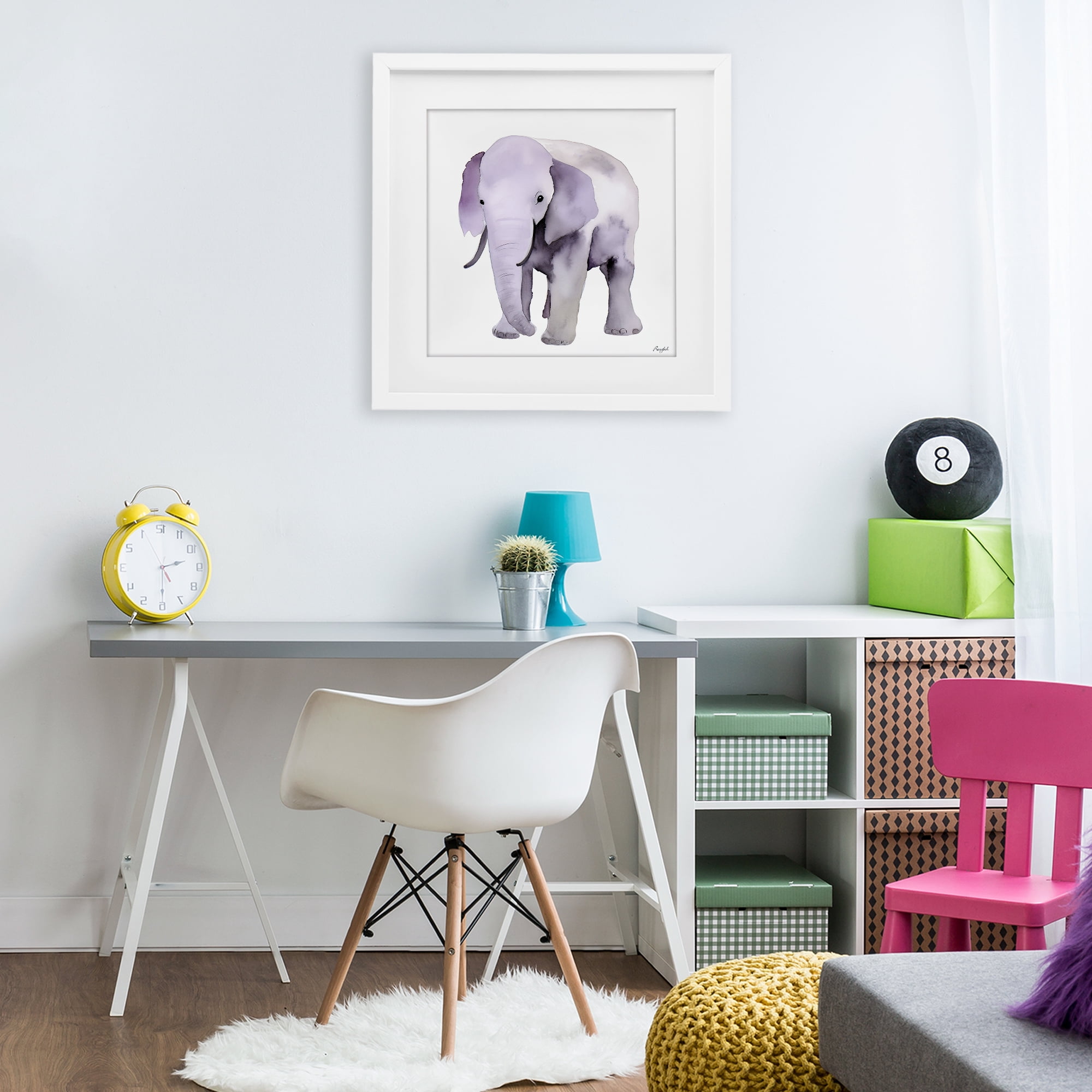 Stupell Industries Kid's Minimal Elephant White Framed Print Under Glass, design by Roozbeh