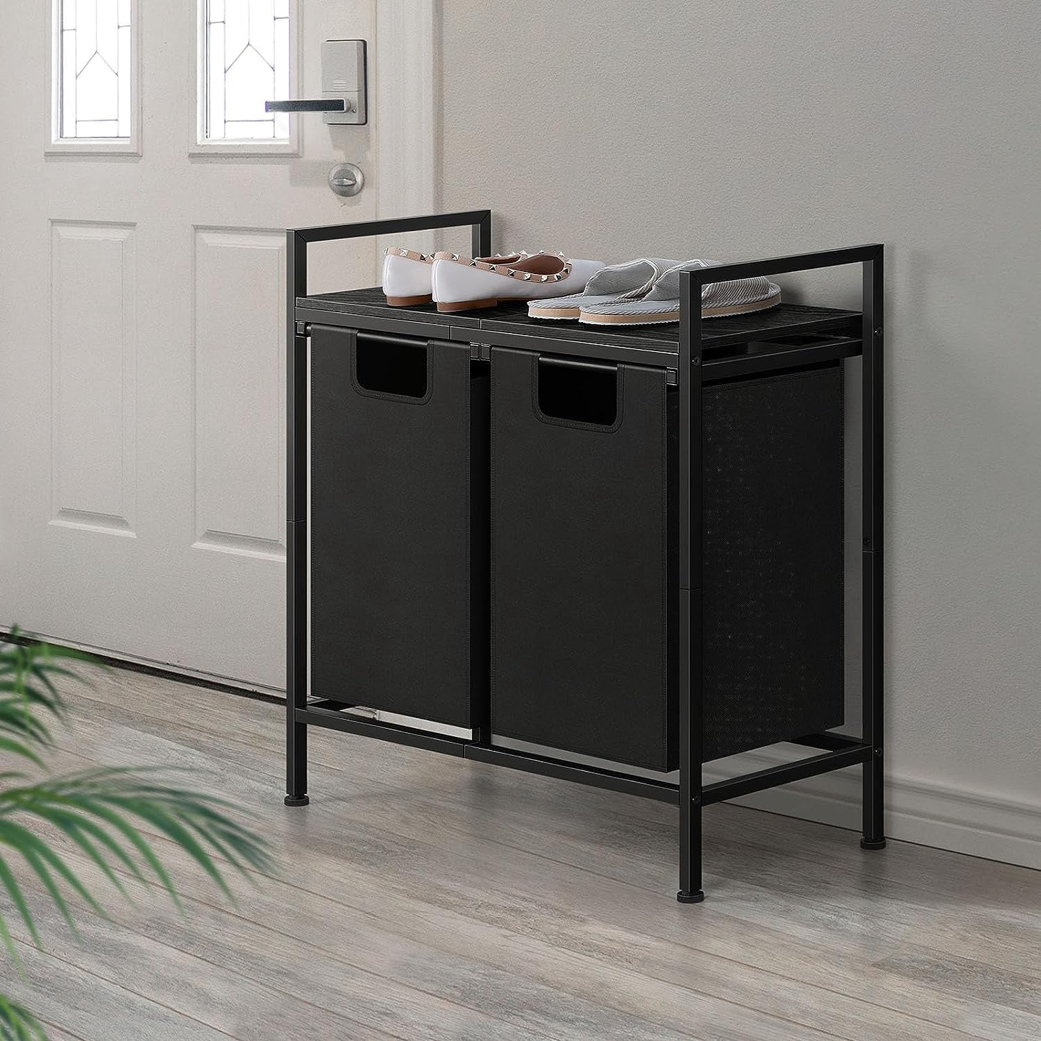 Oumilen Removable Bag 2-Bins Metal Laundry Sorter with Wood Shelf, Black