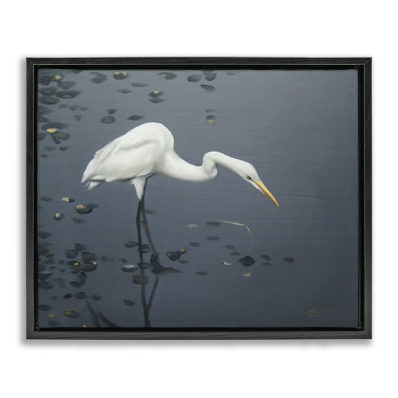 Stupell Industries Graceful Egret in Lake Animals & Insects Painting Black Floater Framed Canvas Art Print Wall Art, 21 x 17