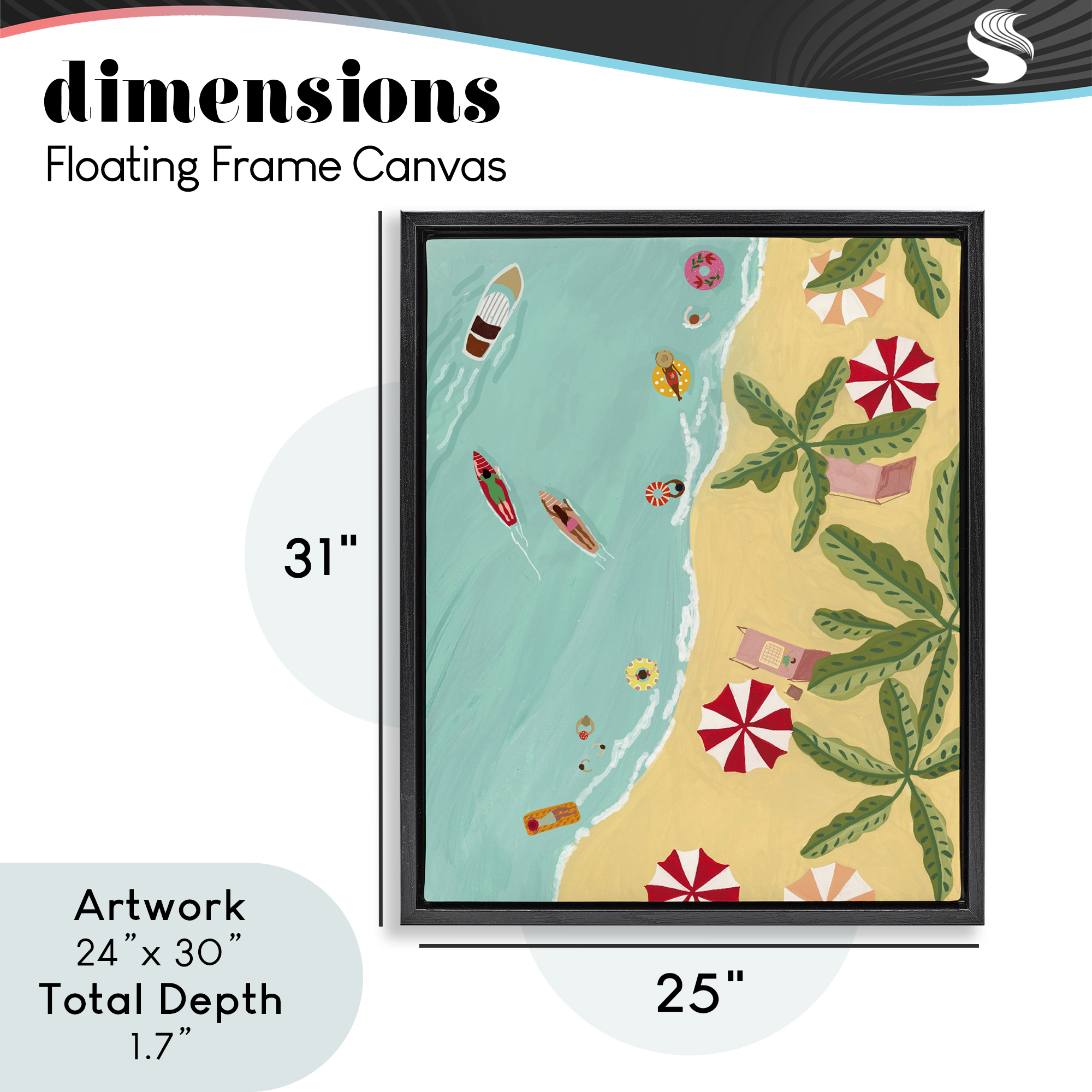 Busy Beach Day Hangout Black Framed Floater Canvas Wall Art, design by Nabeela Rumi