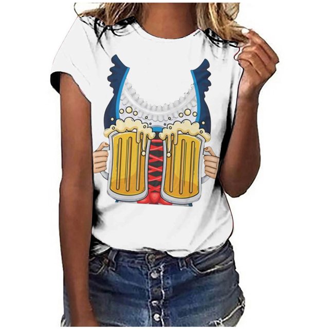 Pompotops Blouse Décontractée Mode Femme Imprimé Oktoberfest Col Rond T-Shirt Blouse Imprimée Tee Liquidation