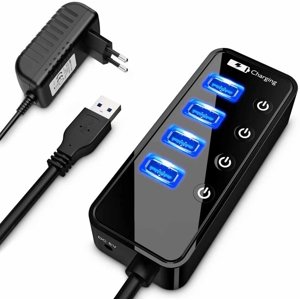 Usb Hub avec alimentation, Usb 3.0 Hub actif avec 4 Ports Superspeed Data Hub avec commutateur et 1 Port de recharge intelligent