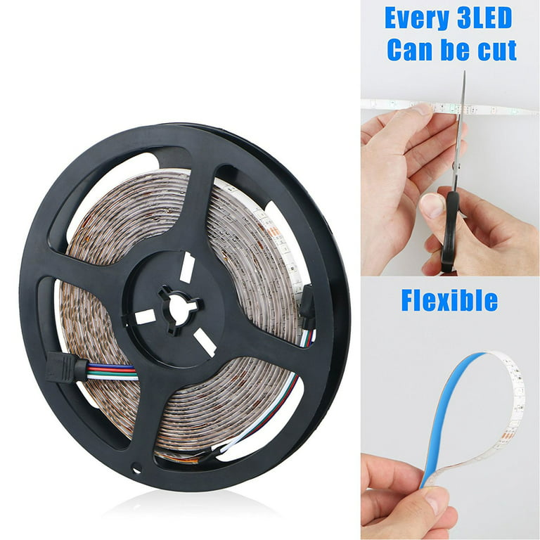 TSV 16.4 Feet LED RGB Flexible Strip Light Kit, 300 Units SMD 5050 LEDs,  12V DC, Waterproof, with 44 Key Remote Controller and Power Supply for  Kitchen, Bedroom, Car, or Party 