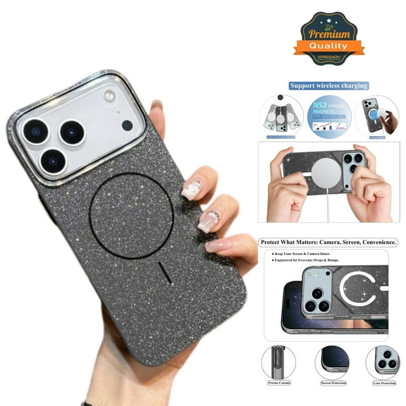 For Apple iPhone 17 Pro Bling Glitter Magnetic Case Sparkle Slim TPU Shockproof Phone Cover [Black]