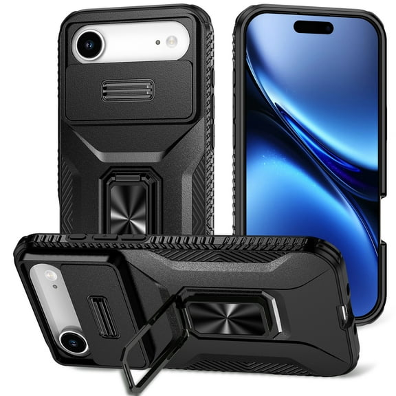 for iPhone Air Case with Sliding Camera Cover & Kickstand, 360° Rotate Metal Ring Bracket Impact-Resistant Shockproof Drop Protective Hand Grip, Support Magnetic Car Mount Case - Black