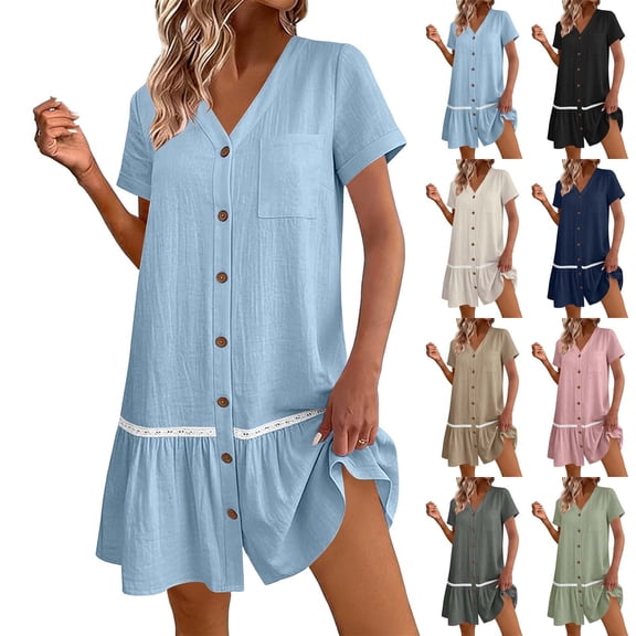 Womens Button Down Dress Loose Summer Cotton Linen Dress Ruffle Hem Casual Dress Short Sleeve Tunic Dress Blue XL(XL)