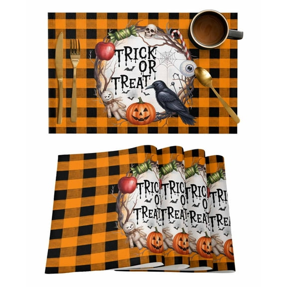 Placemats Set of 8 Halloween Pumpkin Crow Skull Eyeball Black Orange Plaid Heat Insulation Washable Place Mats, Rustic Non-Slip Table Mats for Dining Table Party Kitchen Decor,13x19 Inch