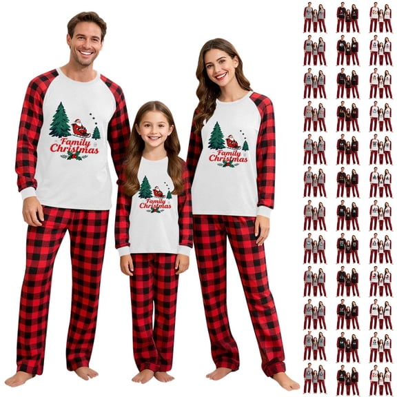 QIUOMBBP 2 Piece Christmas Family Matching Pajamas Sets Cute Xmas Graphic Long Sleeve Shirts Plaid Sleep Bottoms Holiday Outfits Gray