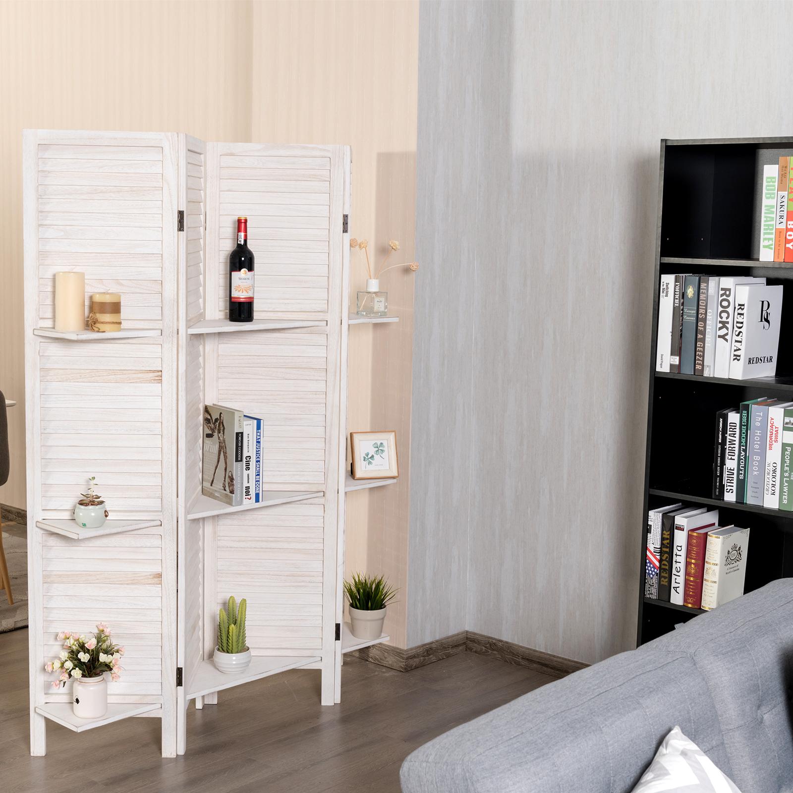 Giantex 4-Panels Wood Room Divider with Display Shelf Folding Privacy Room Dividers Screen for Home Office, 5.6FT, White