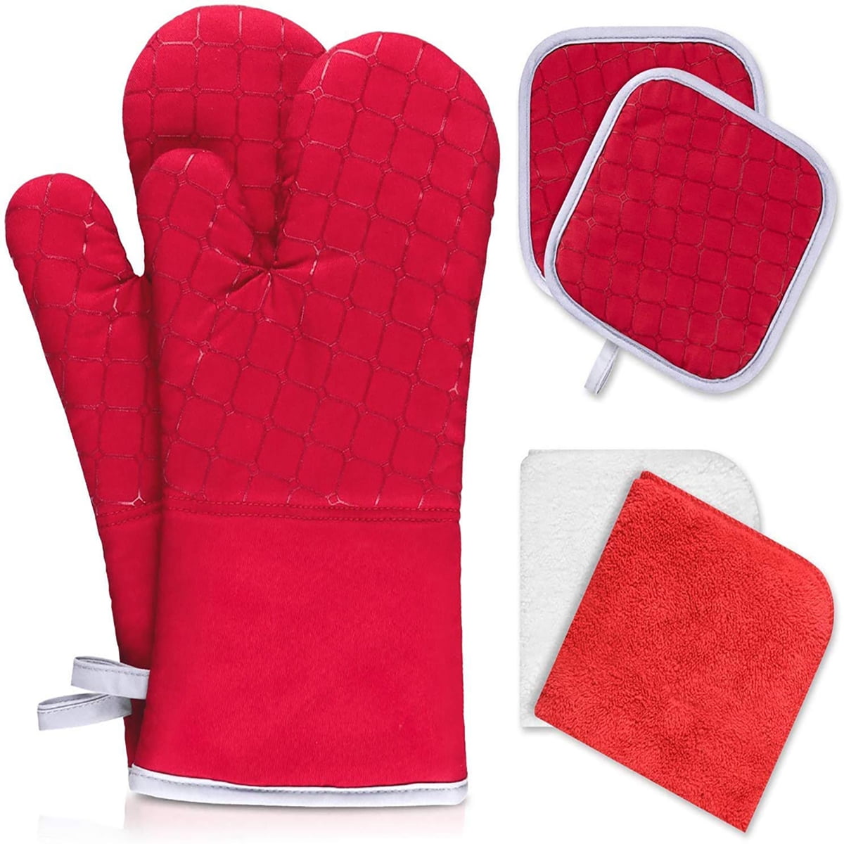 6Pcs Kitchen Oven Mitts, Cotton Oven Gloves with Pot Holders & Towels for Baking Cooking BBQ