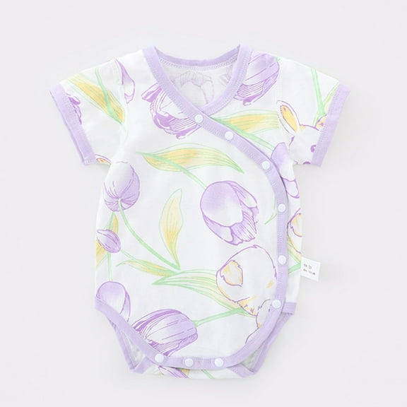 Nrmvnmi Baby Side Snap Romper Short Sleeve Floral Print Romper Newborn Cotton Onesie Jumpsuit For 0-24 Months