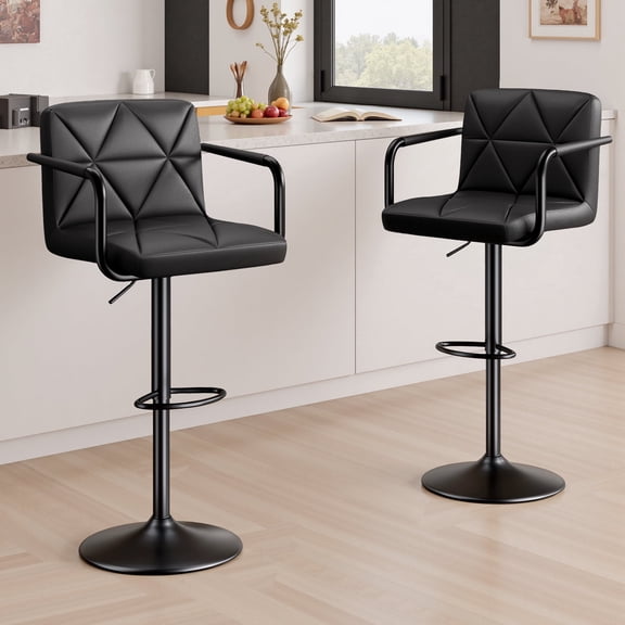 Daluvenix Bar Stools Set of 2， PU Leather Adjustable Swivel Barstools，Hydraulic Counter Height Bar Chairs with Armrest Back for Kitchen Island，Black