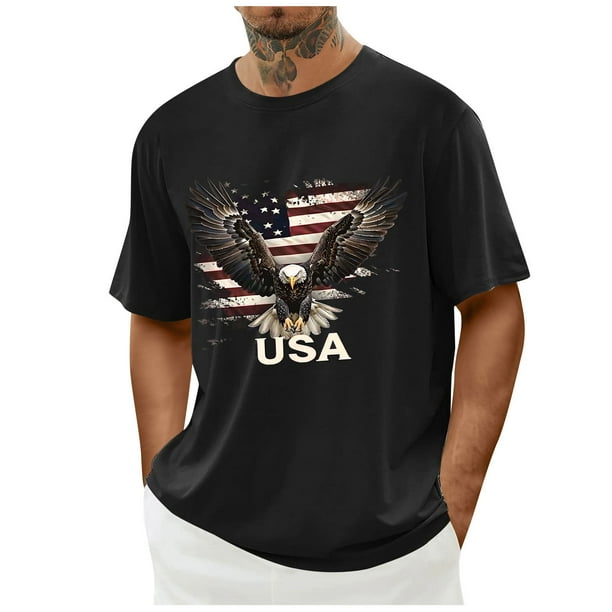 Tops para hombre, blusas y camisas de cuello redondo y manga corta para hombre. Top/camisa de cuello redondo y manga corta con estampado del Día de la Independencia para hombre. Tops para hombre.