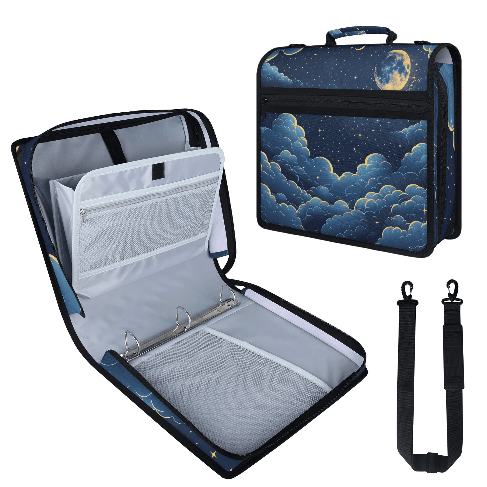 Herdesigns Space Galaxy Zipper Binder 1.5 Inch 3 D-Rings with Shoulder Strap & Handle, Waterproof Moon Star Binder Organizer Bag for 13 Inch Laptop