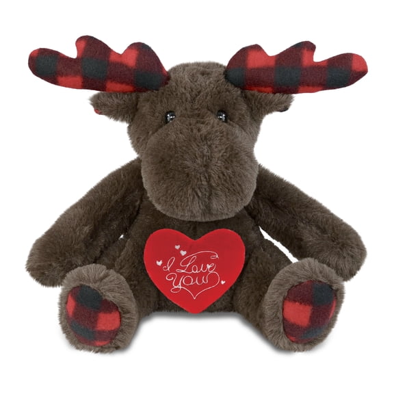 DolliBu I Love You Plush Super Soft Plaid Brown Moose - Cute Stuffed Animal Moose with Red Heart Plush for Valentines, Anniversary, Romantic Date, Boyfriend, or Girlfriend Gift - 10 Inches