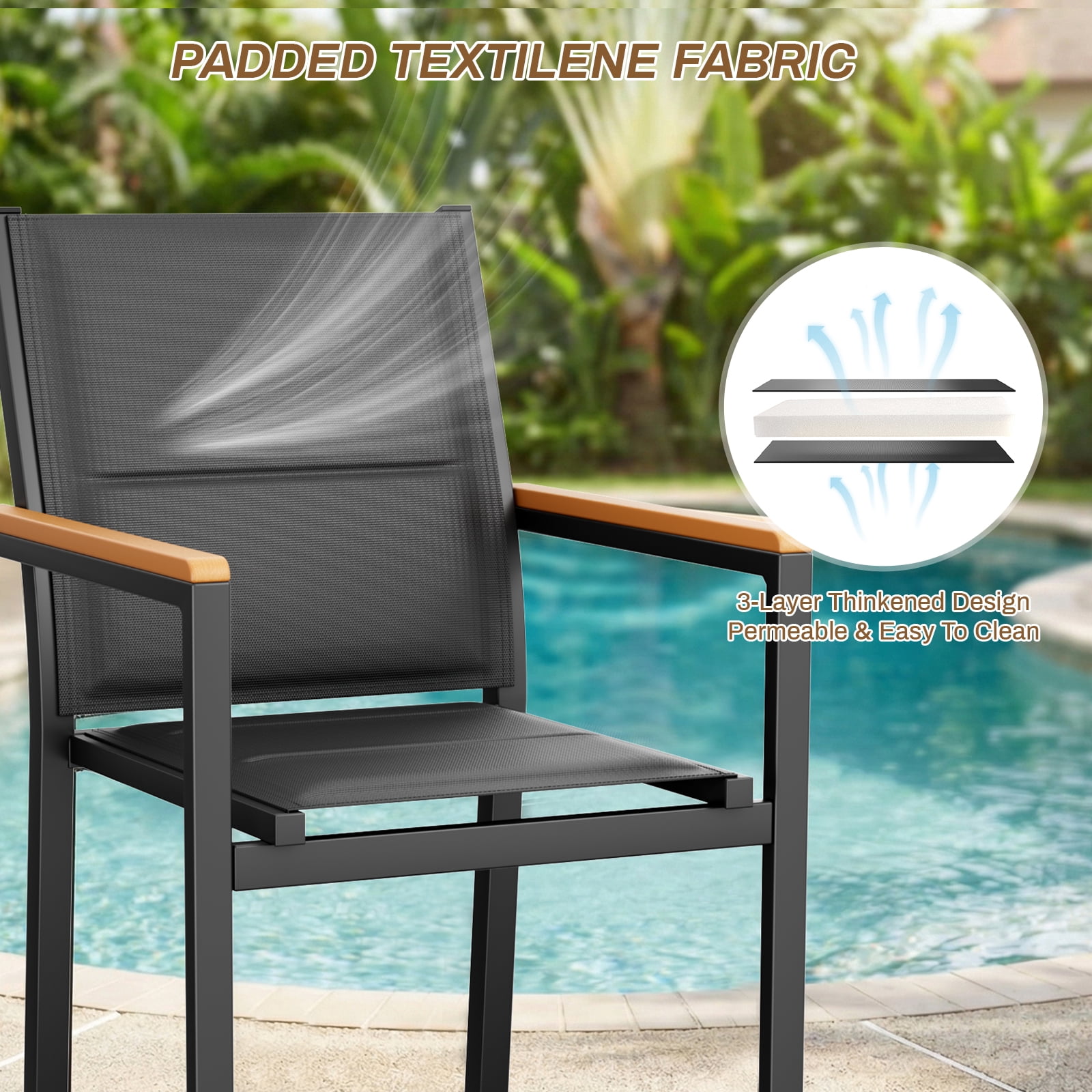 LIFERUN Patio Chairs Set of 4, Stackable Aluminum Outdoor Chair with Quilted Textilene & WPC Handrail, 17" Seat Height, All Weather Chair for Patio, Balcony, Poolside & Restaurants, Black