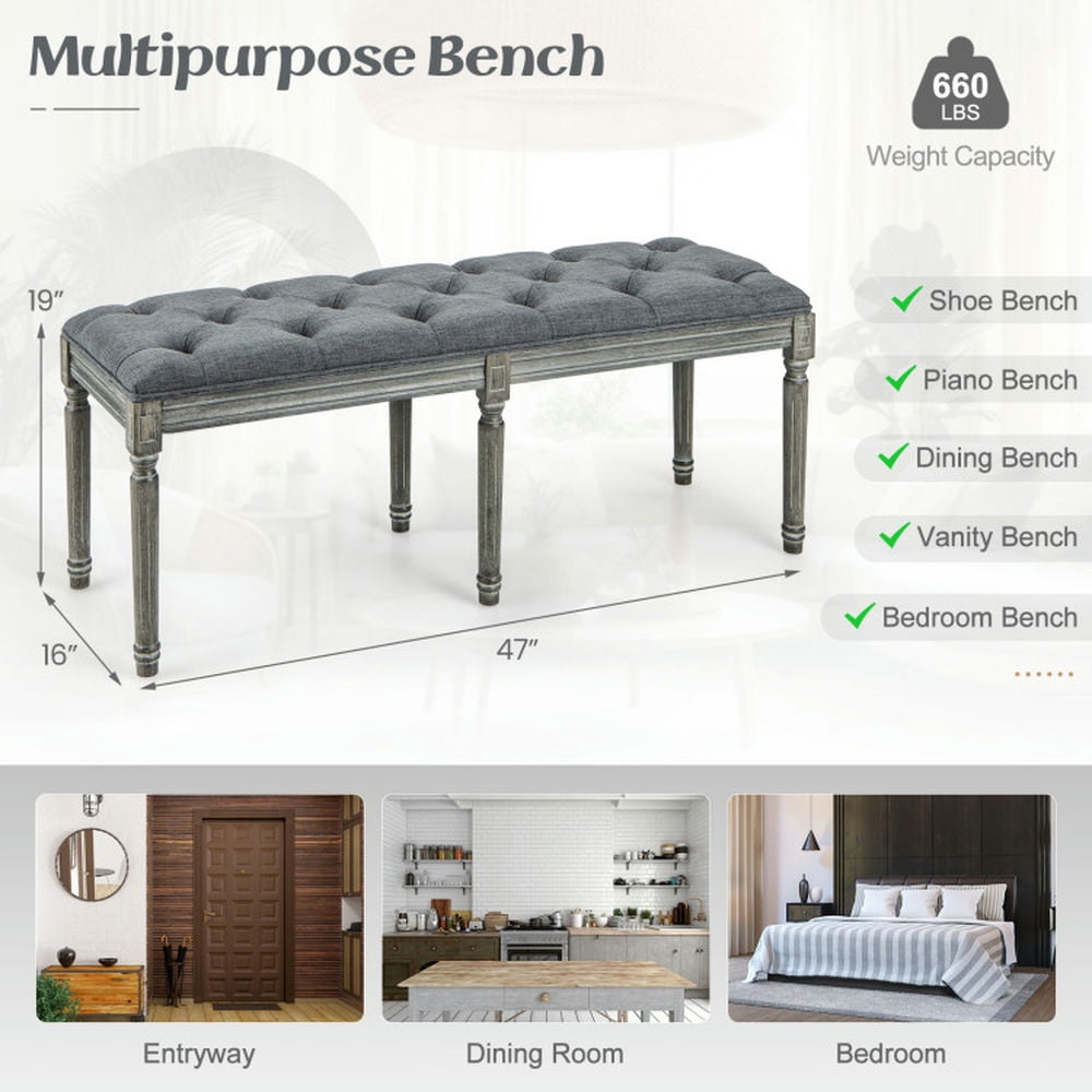 Finihen Dining Bench, Upholstered Bench, French Vintage Entryway Bench 47 Inch Upholstered Dining Bench, for Living Room, Bedroom, Porch, Entryway, Gray Finihen Dining Bench, Upholstered Bench, French Vintage Entryway Bench 47 Inch Upholstered Dining Bench, for Living Room, Bedroom, Porch, Entryway, Gray