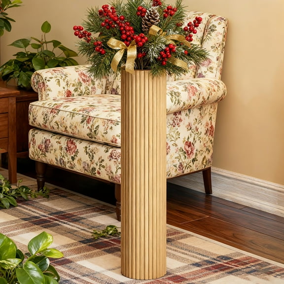 SHYFOY 27.5" Fluted Wooden Floor Vase, Tall Cylinder Decorative Standing Vase for Living Room, Bedroom or Entryway
