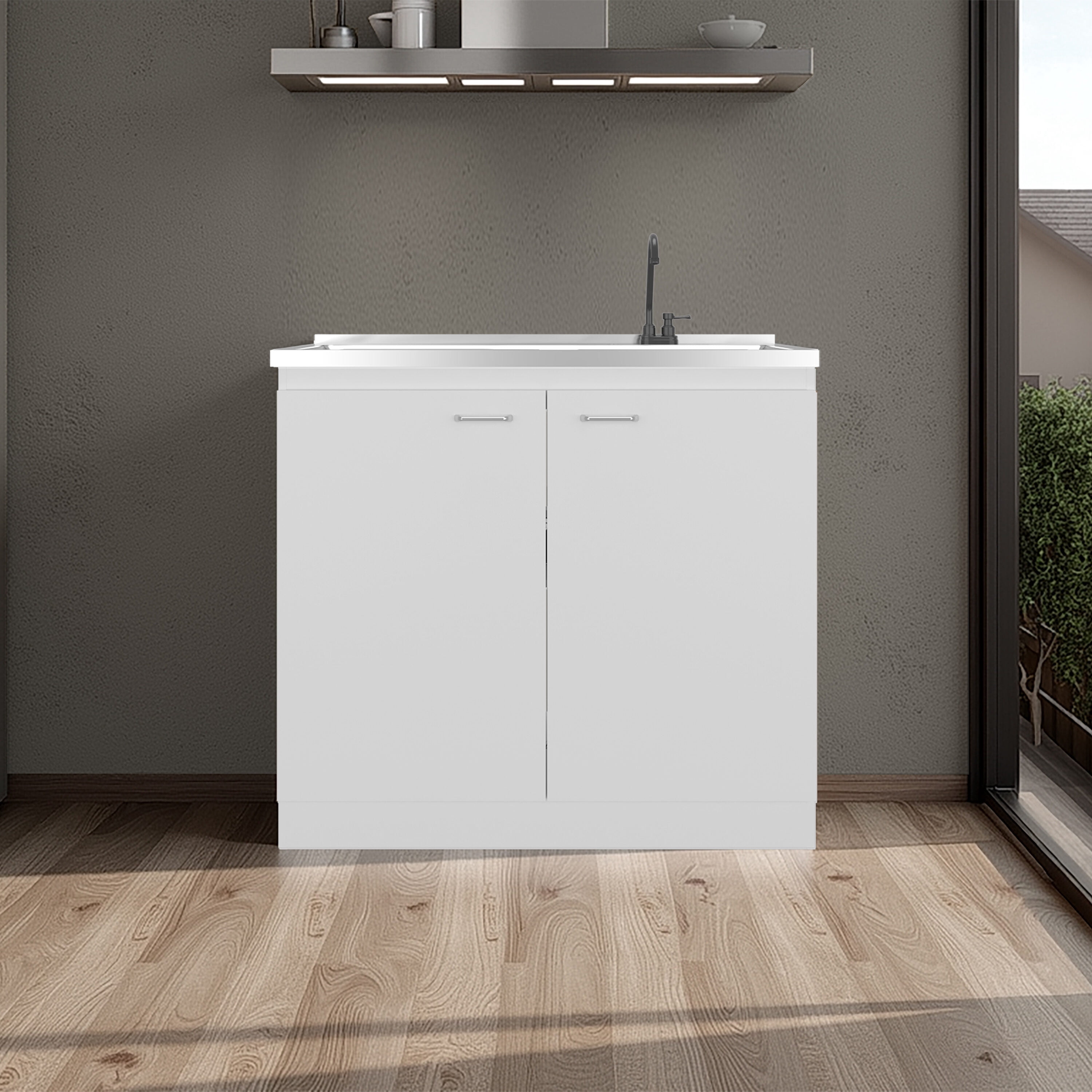 Undermount Kitchen Sink, Napoles Utility Sink with Faucet Inclued and Integrated Stainless Steel Counter top, Freestanding cabinet with two doors, Metal Handles and Two interior shelves, White