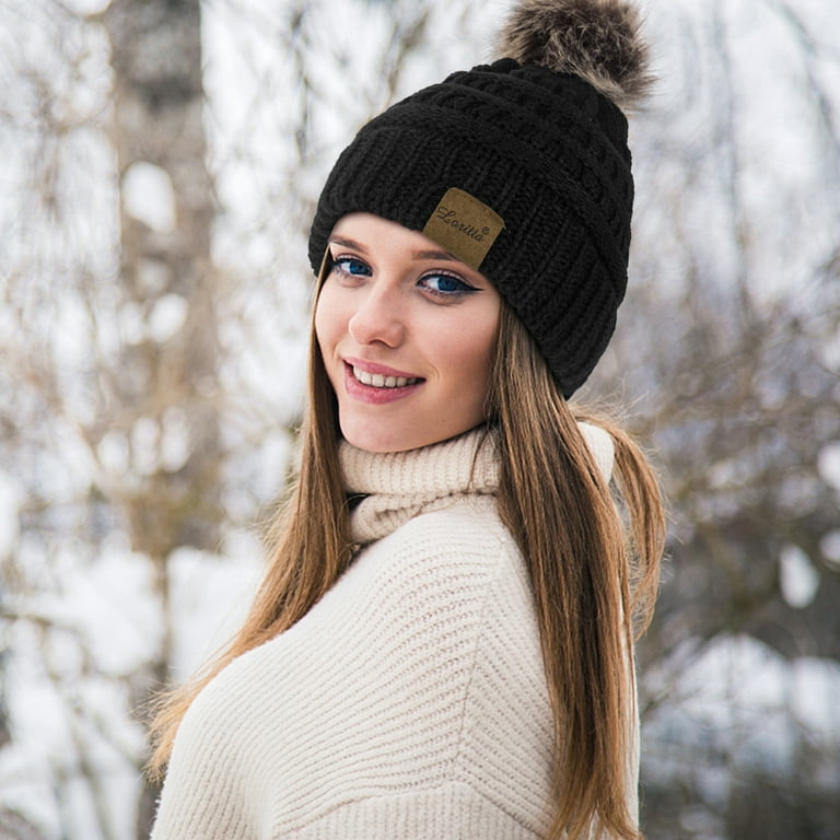 Winter Woollen Women Hat, Inner Fleece Lining Beanie, Double Pom