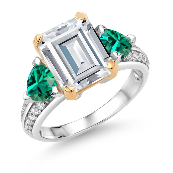 Gem Stone King 925 Sterling Silver and 10k Yellow Gold White Moissanite and Green Nano Emerald 3 Stone Engagement Ring for Women (4.68 Cttw, Emerald Cut Cut 10X8MM, Size 7)