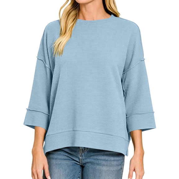 Ozmmyan Womens Waffle Knit 3/4 Sleeve Crewneck Top Casual Loose Fit Pullover Sweater Lightweight Solid Color Summer Blouse