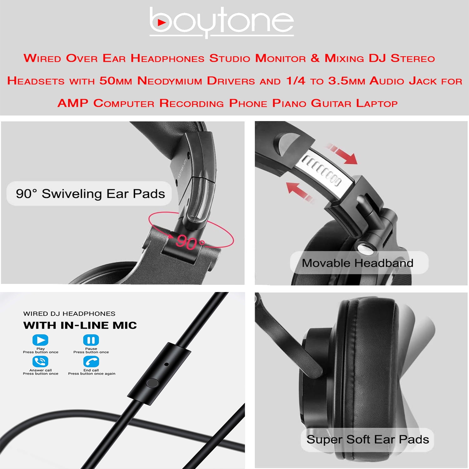 Boytone BT-10RD Wired Over Ear Headphones Studio Monitor & Mixing DJ Stereo Headsets with 50mm Drivers and 1/4 to 3.5mm Audio Jack for Audio Mixer Computer, Phone, Guitar, Laptop, Amplifire, TV