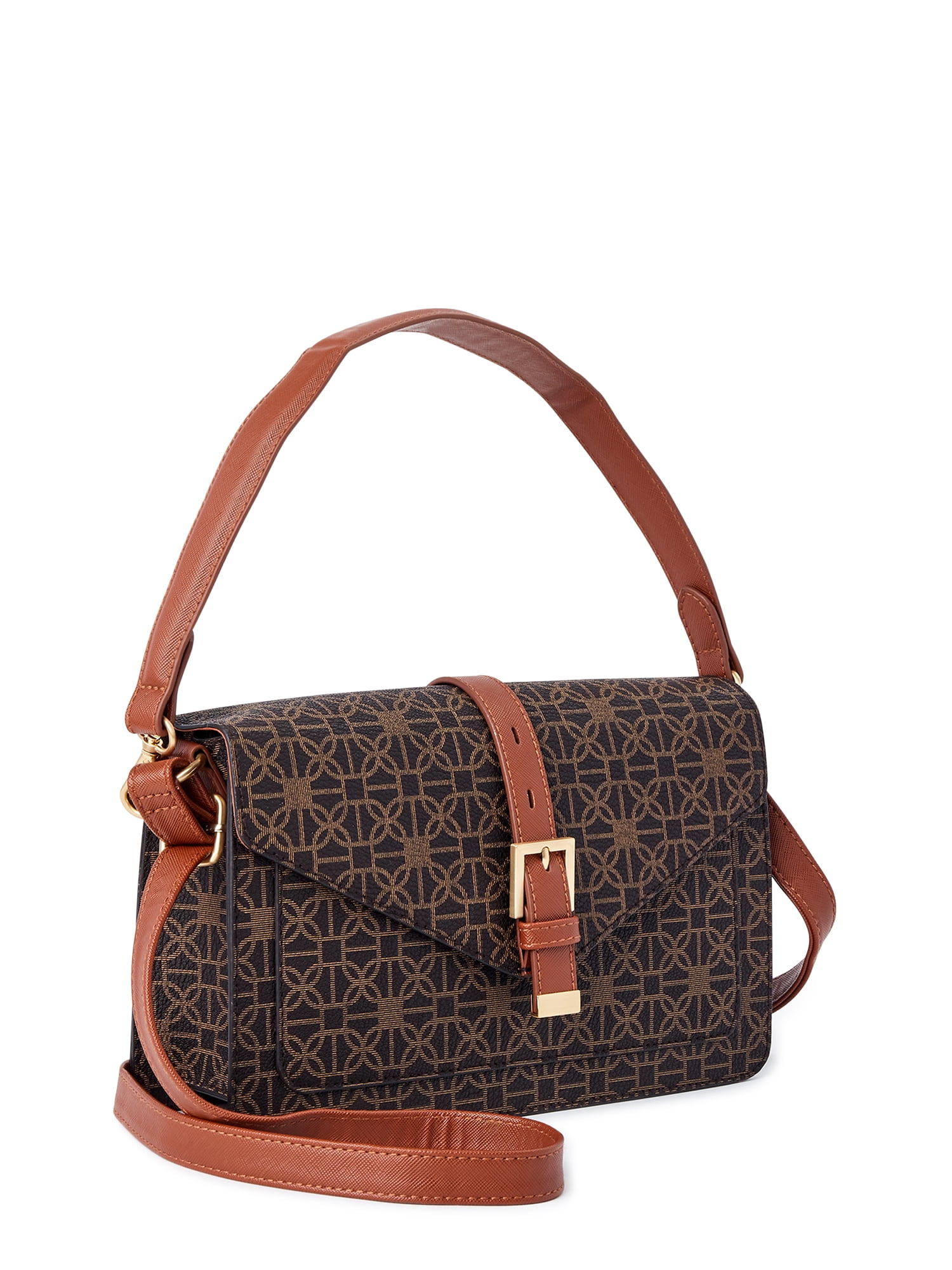 Time and Tru Women's Lori Front Flap Crossbody Handbag Brown Status Print