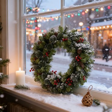 Couronne de Sapin de Noël Artificielle / Branche en PVC Pré-Éclairée à Piles avec Pommes de Pin, Baies Rouges, Finition Givrée / Décoration de Porte et Fenêtre Intérieure/extérieure / 20cm 30cm 40cm / 1 Pack