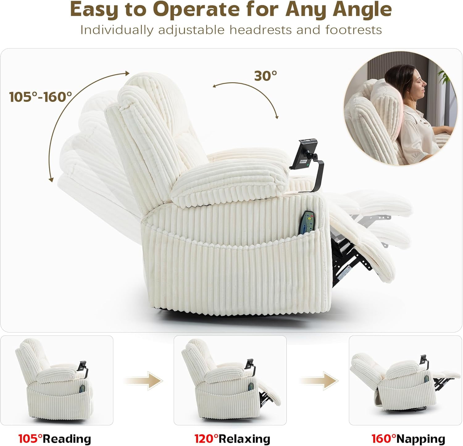Power Swivel Rocker Recliner Chair for Adults with Massgae and Heat, USB and Type-C Charging Port, Infinite Position, Electric Glider Rocking Chairs for Living Room, Nursery