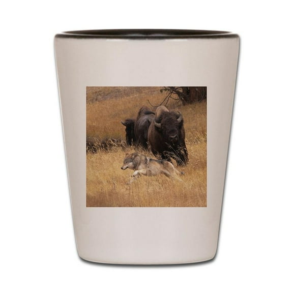 CafePress - Bull Bison, Female, & Wolf - White/Black Shot Glass, Unique and Funny Shot Glass
