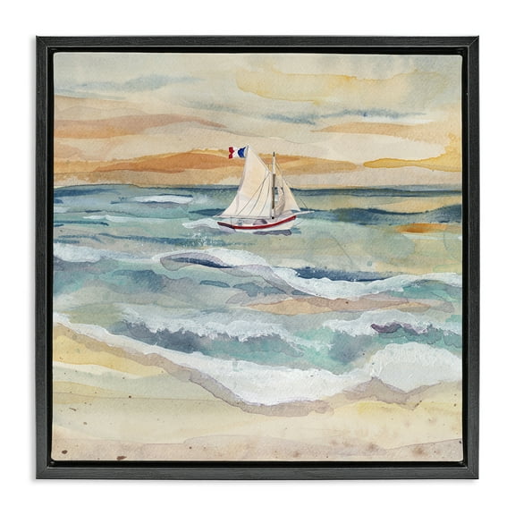 Stupell Industries Watercolor Boat Beach View Transportation Painting Black Floater Framed Canvas Art Print Wall Art, 18 x 18