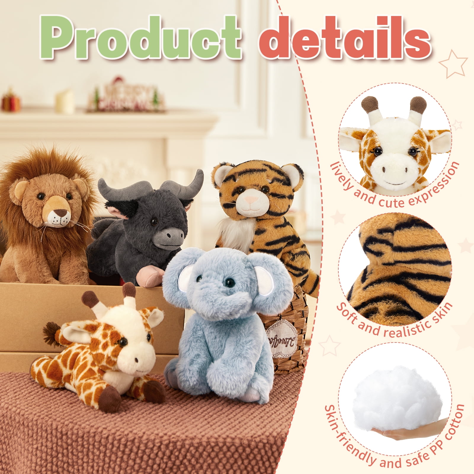 Muiteiur 5 Pieces Safari Stuffed Animals Jungle Animals Set Plush Toy(Giraffe/Tiger/Lion/Elephant/Cow)