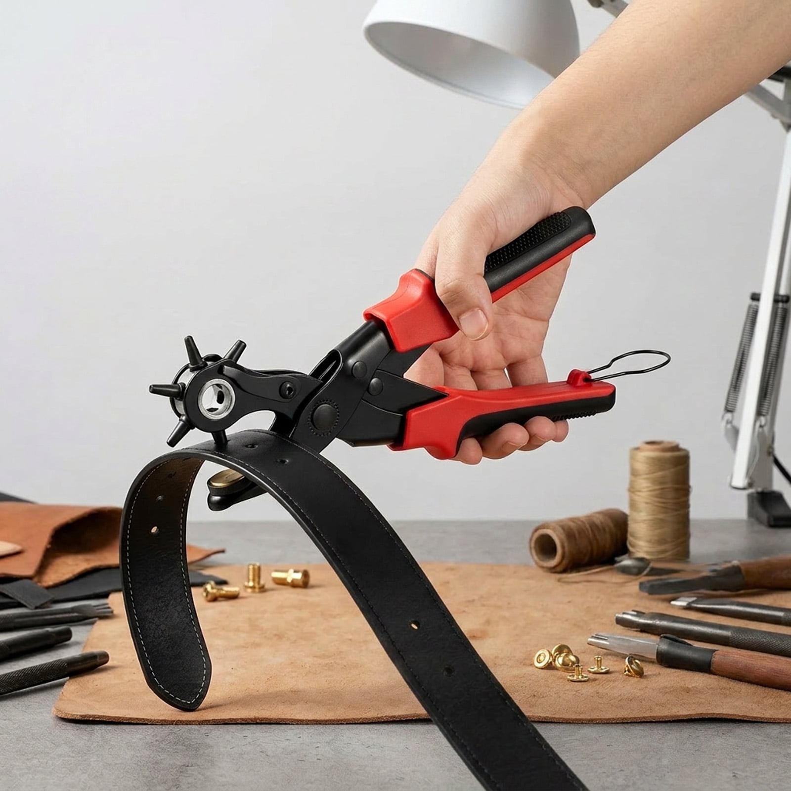 Leather Hole Punch Set Punch Pliers with PVC Handle and Effort Saving Design Ideal for Belt Plastic Rubber Canvas DIY Leather Work,Red