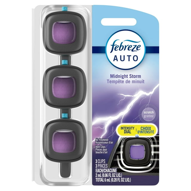 Febreze AUTO Air Freshener Vent Clip Midnight Storm Scent, 2ml Car Vent Clip, Pack of 3