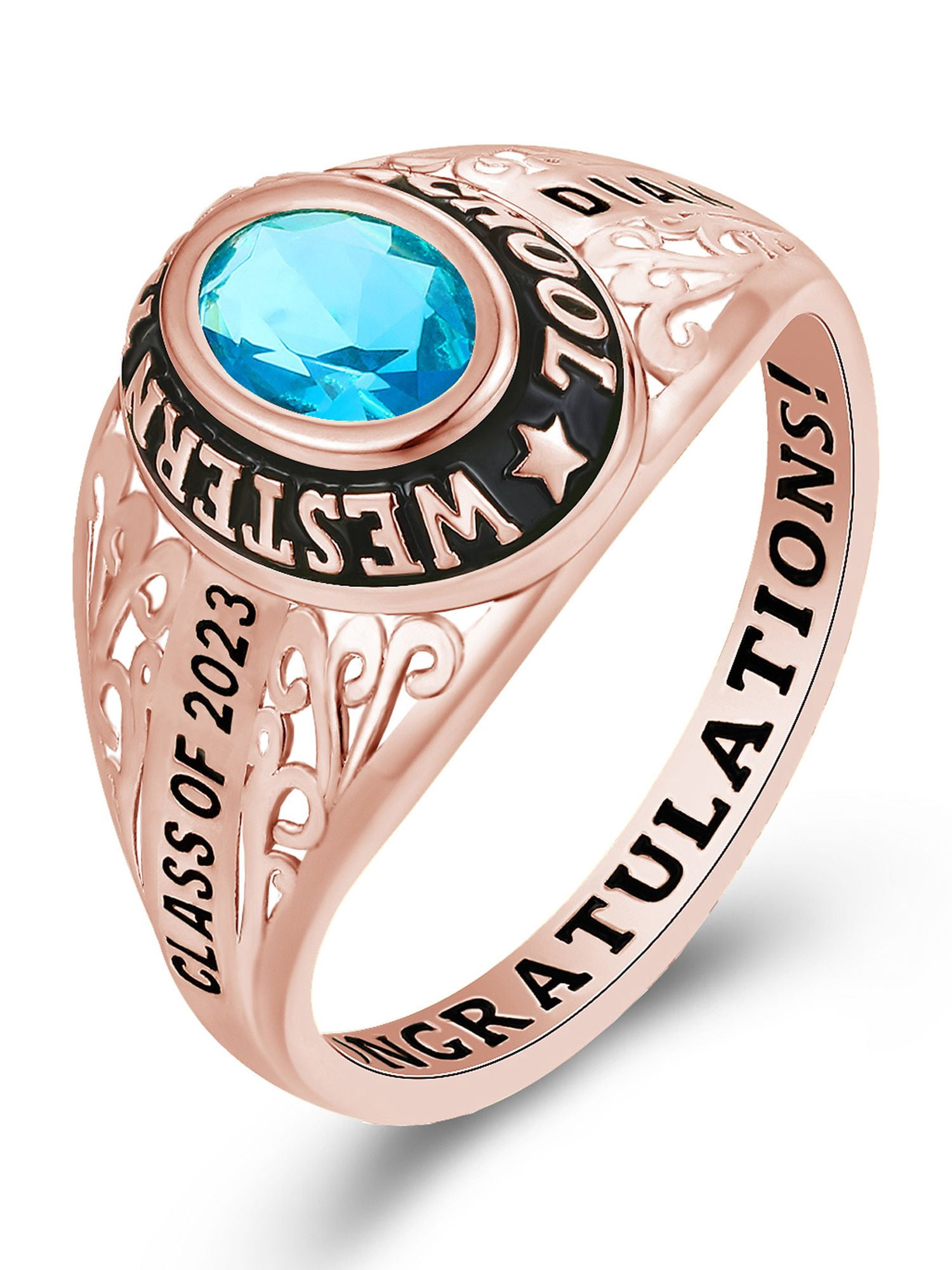 Mementos USA Customized Sterling Silver Class Rings for Women High School College-Rose Gold-Filigree