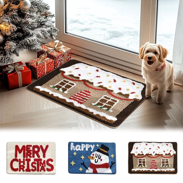 Felpudo Navideño | Diseños de Hombre de Jengibre y Muñeco de Nieve | Imitación de Pashmín Beige | 40 X 60 Cm | Decoración para Interiores y Exteriores