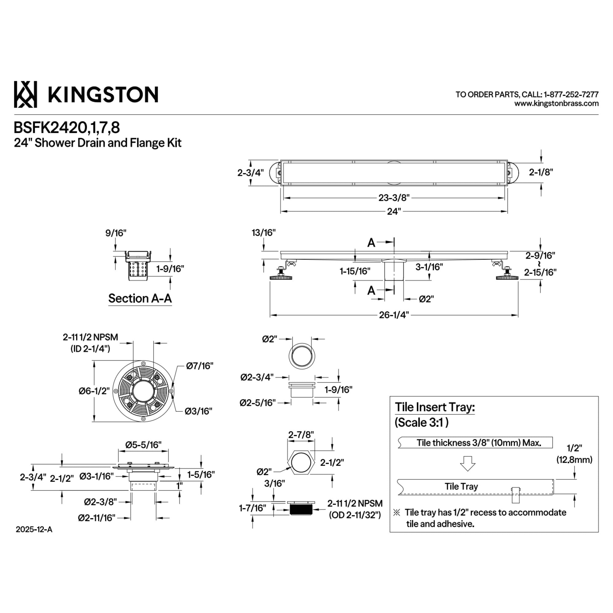 Kingston BSFK2421 Watercourse 24-Inch Stainless Steel Linear Shower Drain with Reversible Tile Insert and Flat Grate, Drain with Base Flange and Hair Strainer in Polished Chrome