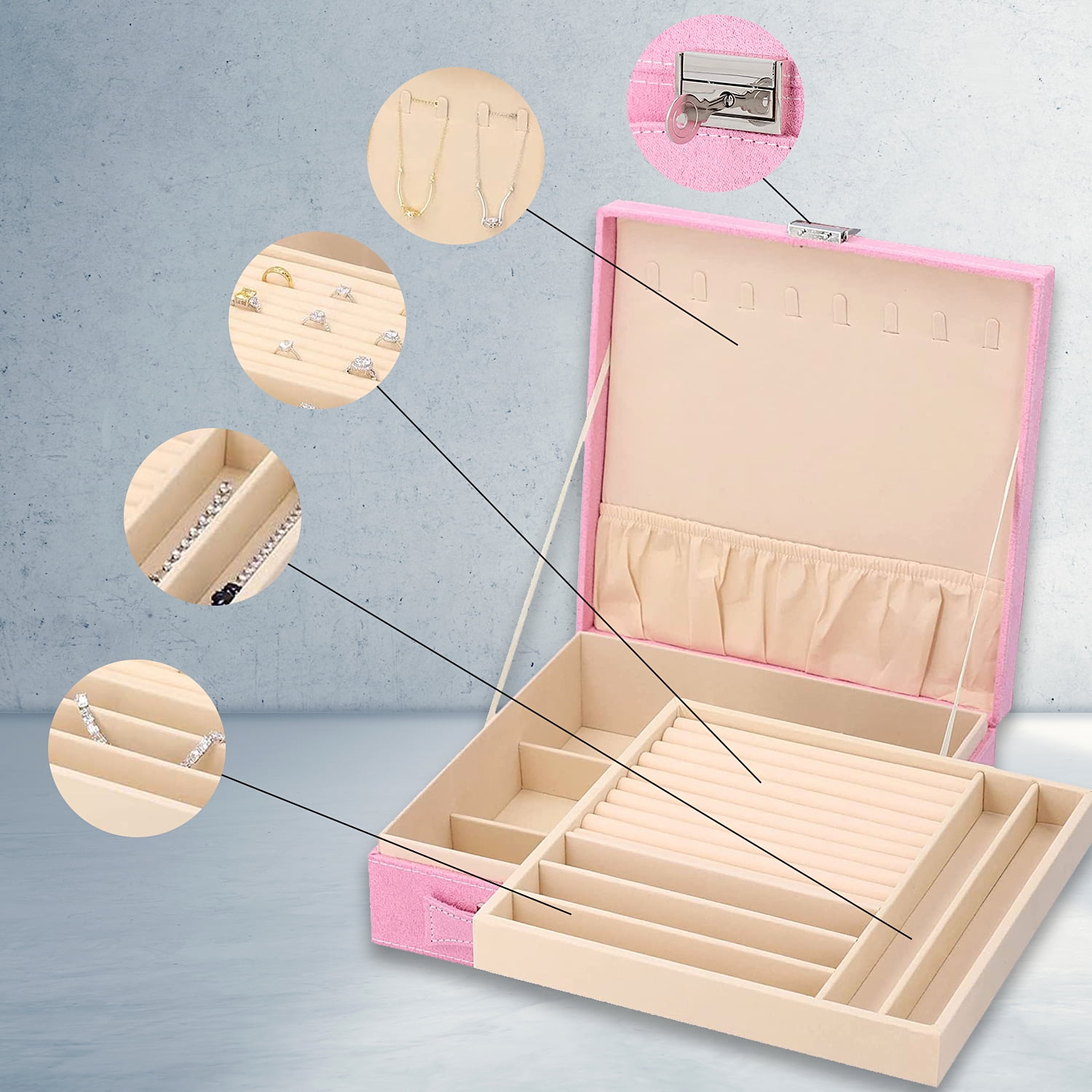 Shop LC Pink Travel Jewelry Organizer Box Case for Women Faux Velvet Tarnish 2 Layer Necklace Earrings Ring Jewelry Holder Portable Jewelry Box Storage Birthday Valentines Day Gifts