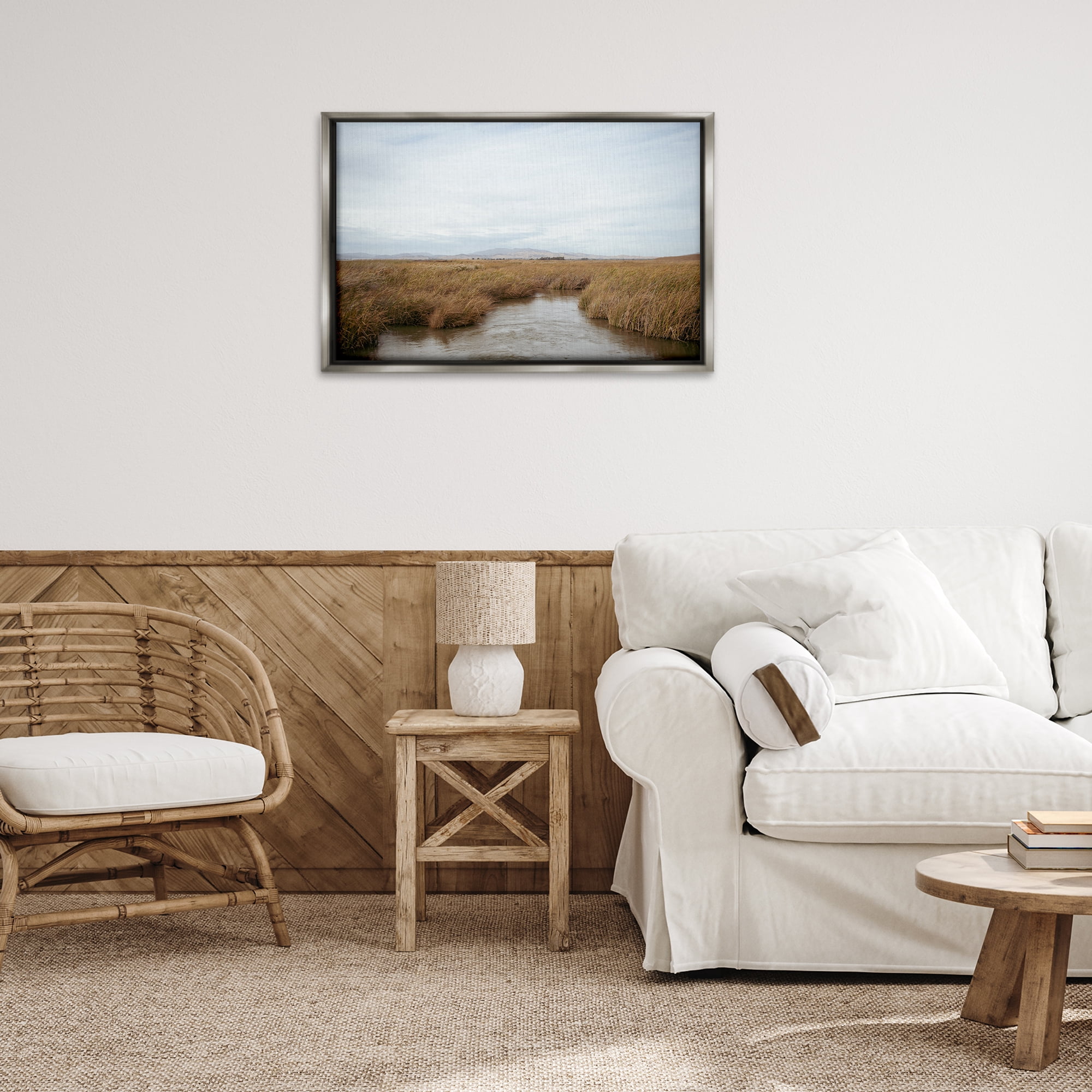 Stupell Industries Marshland Stream View Landscape & Nature Photography Gray Floater Framed Canvas Art Print Wall Art, 31 x 21