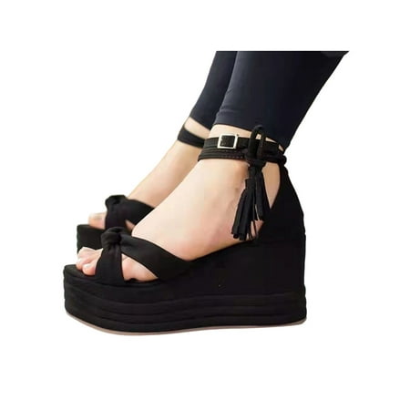

Difumos Ladies Cozy Platform Sandals Breathable Tassels Heels Daily Lightweight Open Toe Pumps
