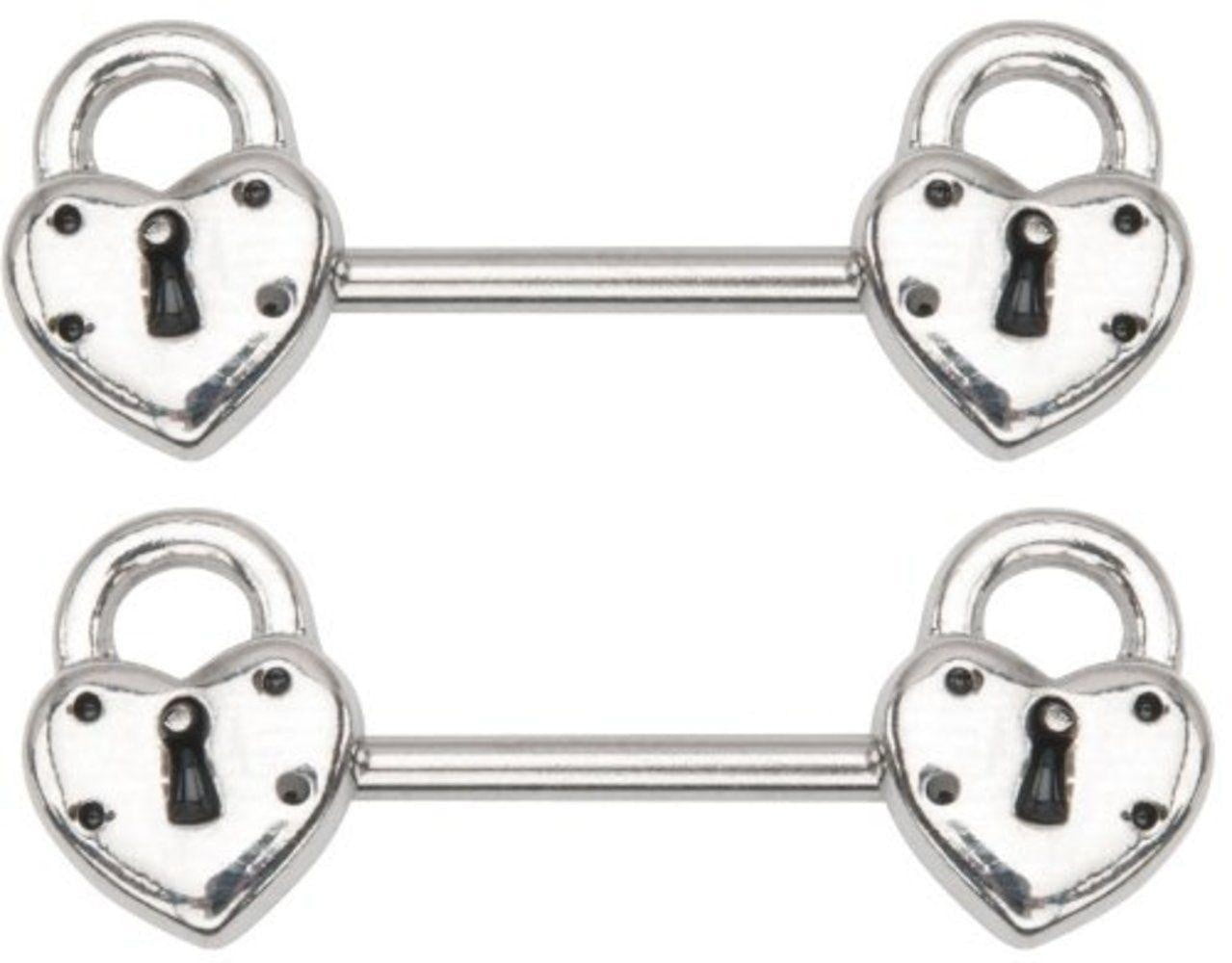 Nipple Ring Double Heart lock bar body Jewelry sold as Pair 14g 9/16