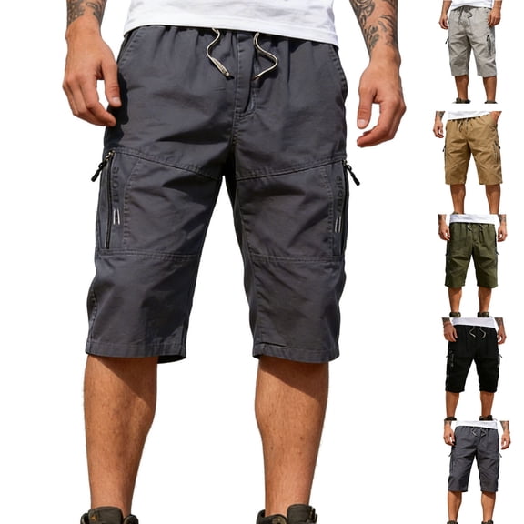 Betivan Men's Cargo Capri Pants Solid Color Drawstring Elastic Waist Pockets 3/4 Length Loose Fit Casual Summer Outdoor Sports Daily Trousers