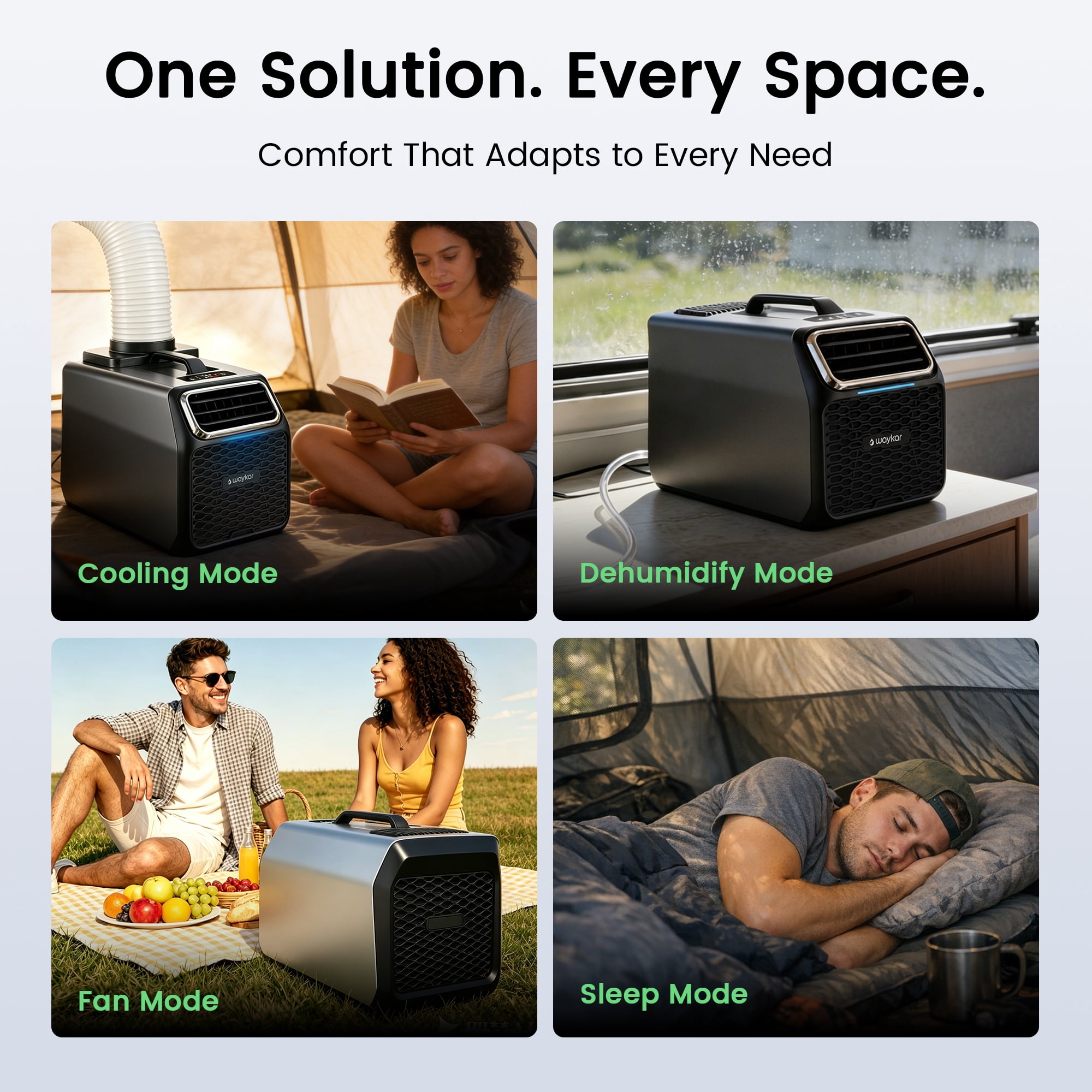 Waykar 6000 BTU Portable Air Conditioner for Camping, Advanced Dual-Hose System for Tents & RVs, 110V AC/DC Inverter Support, 3-in-1 Cooling, Dehumidifier & Fan for Off-Grid Outdoor Comfort