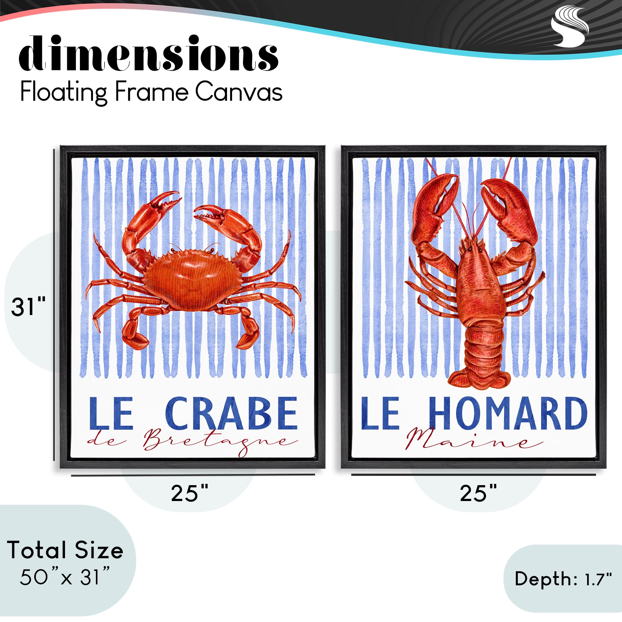 Stupell Industries Nautical Stripes Sea Creatures 2 Piece Black Framed Floater Canvas Set, design by Kim Allen