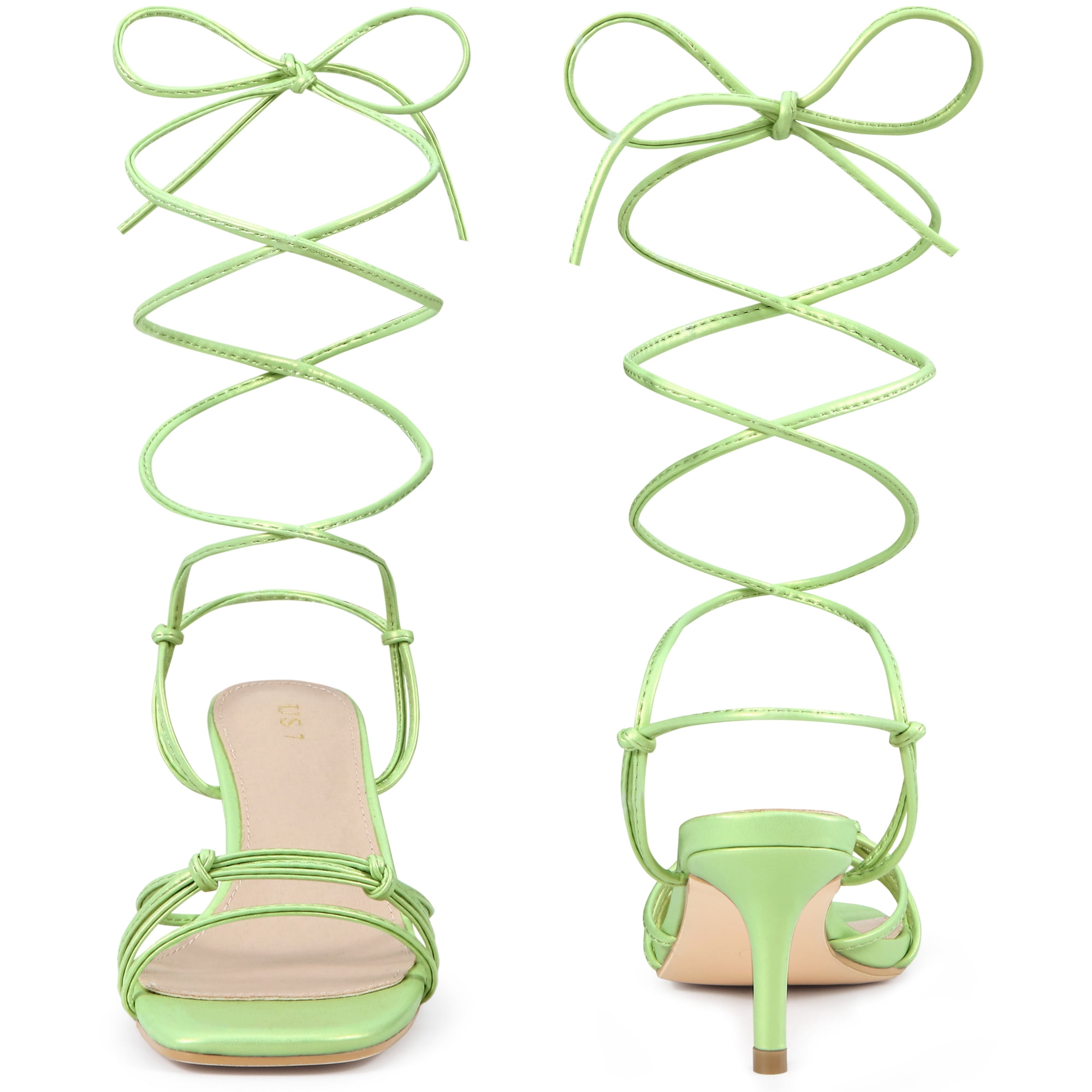 DARING DIVA Women's Knot Lace Strappy Square Toe Kitten Heel Sandals Fluorescent Green 7