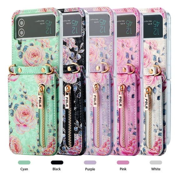 For Samsung Galaxy Z Flip 3 Case Cover, Shockproof Luxury Leather Rose Card Slot Heart zipper Stand Slim Cover