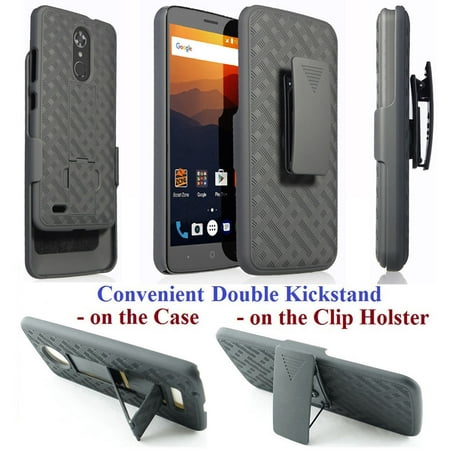 for 6" ZTE BLADE X MAX Max XL Zmax Pro CARRY Case Phone Case Belt Clip Holster 2 Kick stands Rugged Shield Slip Resistant Grip Grids Bumper Cover Black