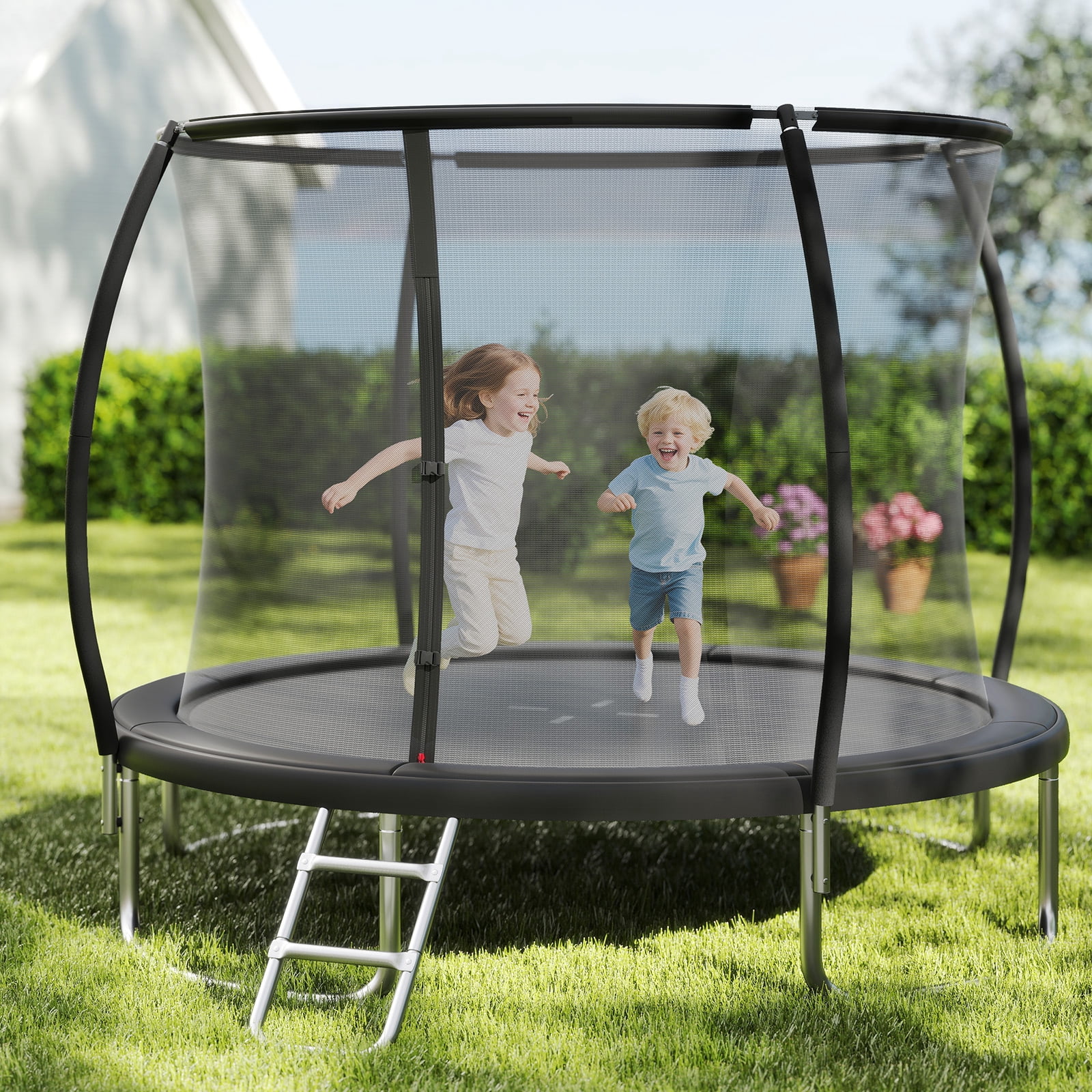 Gymax Outdoor Trampoline w/Safety Enclosure Net & Anti-Rust Galvanized Steel Frame Black